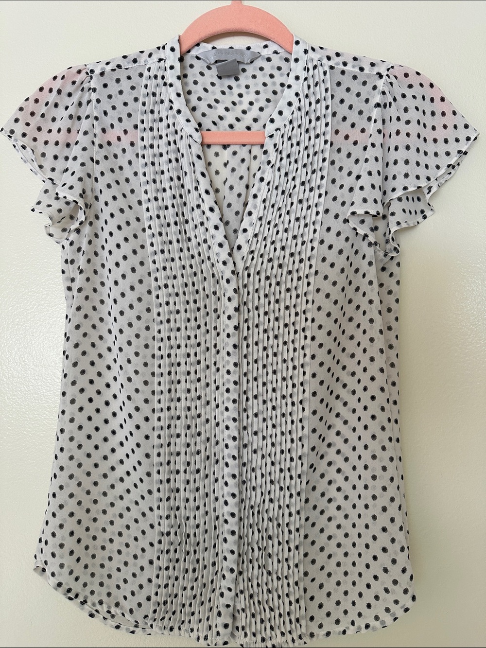 H&M Polka Dot Pintuck Flutter Sleeve Blouse - White/Black
